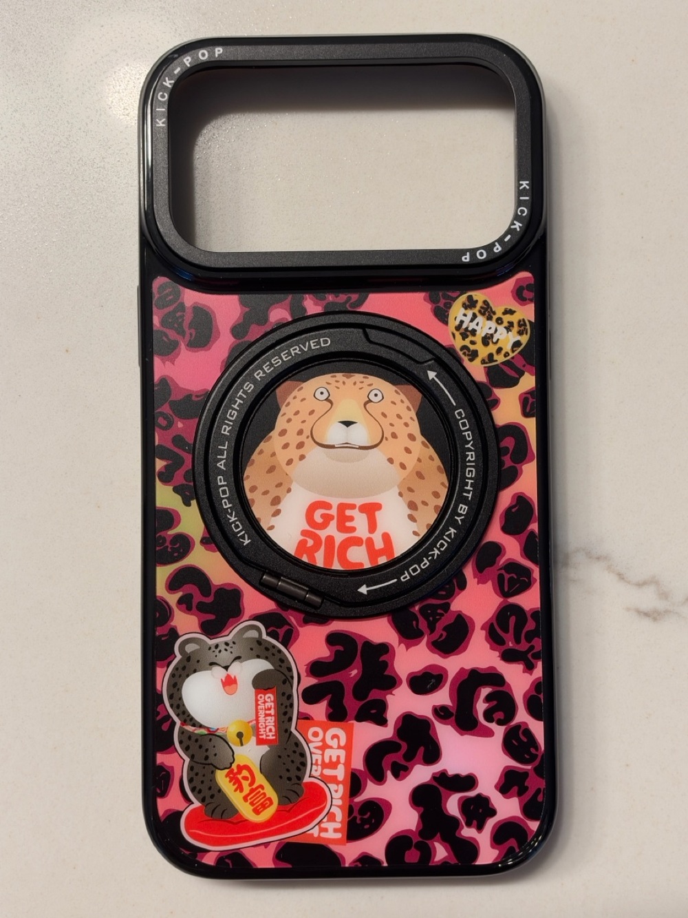 Get Rich Pink Leopard Print Phone Case with Kick-Pop Ring for iPhone 17 Pro Max